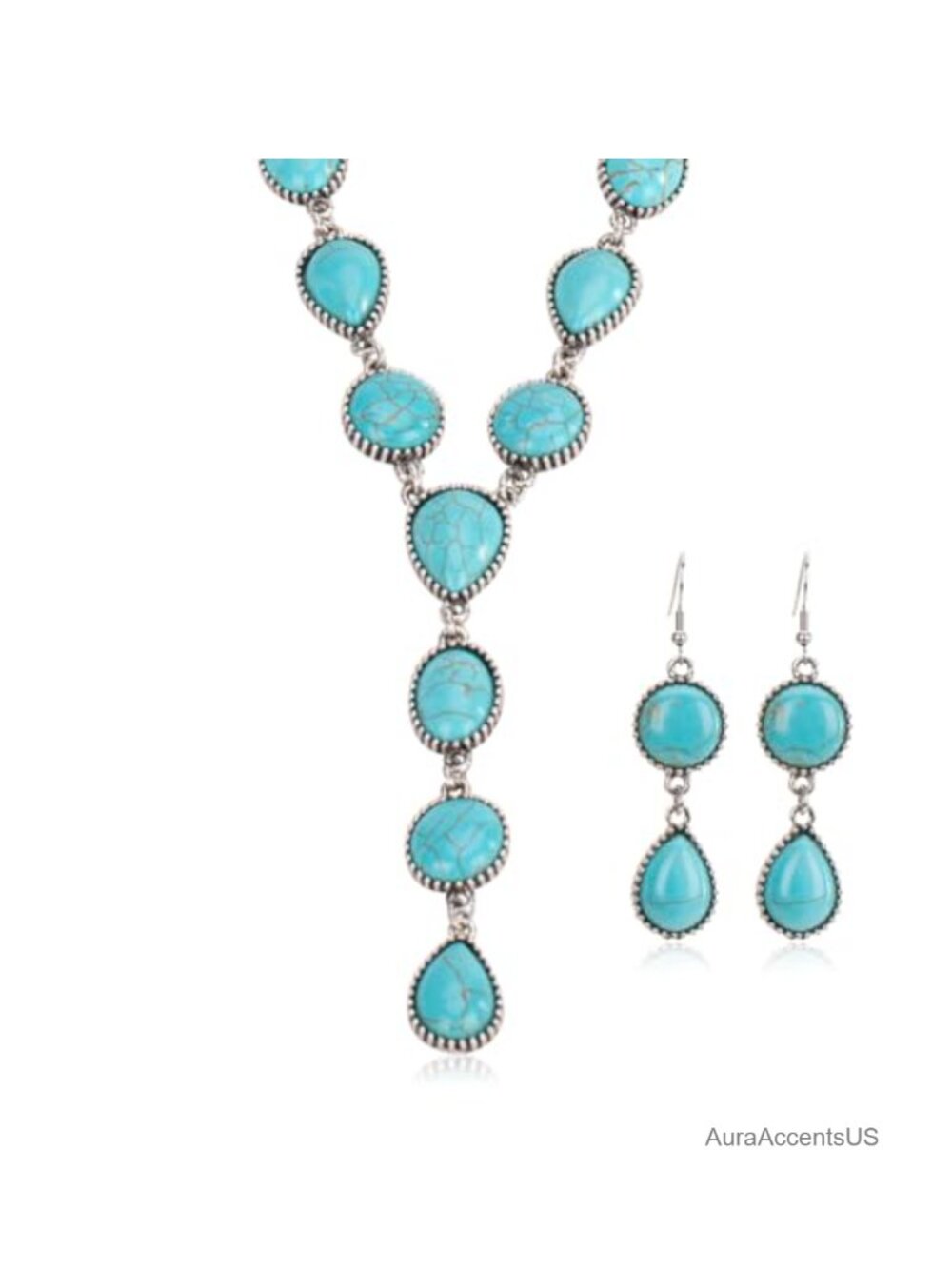 Western Concho Turquoise Necklace Earrings Set Alloy Y-Shaped Dangle